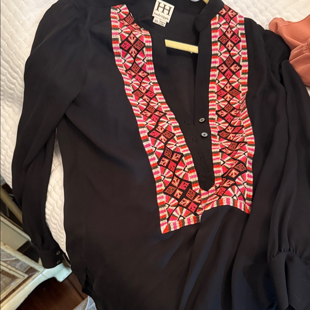 Haute Hippie Black Blouse with Red Embroidery